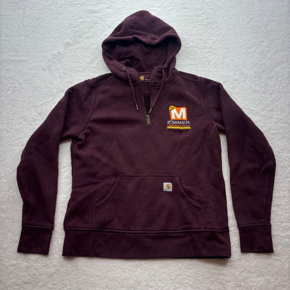 Carhartt Mens Medium Burgundy Heather Quarter Zip Hooded Sweatshirt Pullover